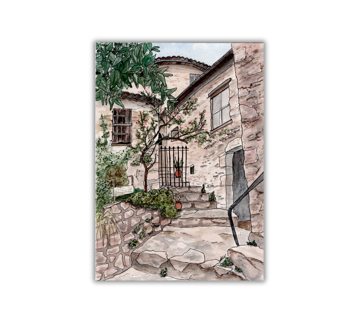 Eze Village France Pen and Watercolor Art - Archival Quality Art Print