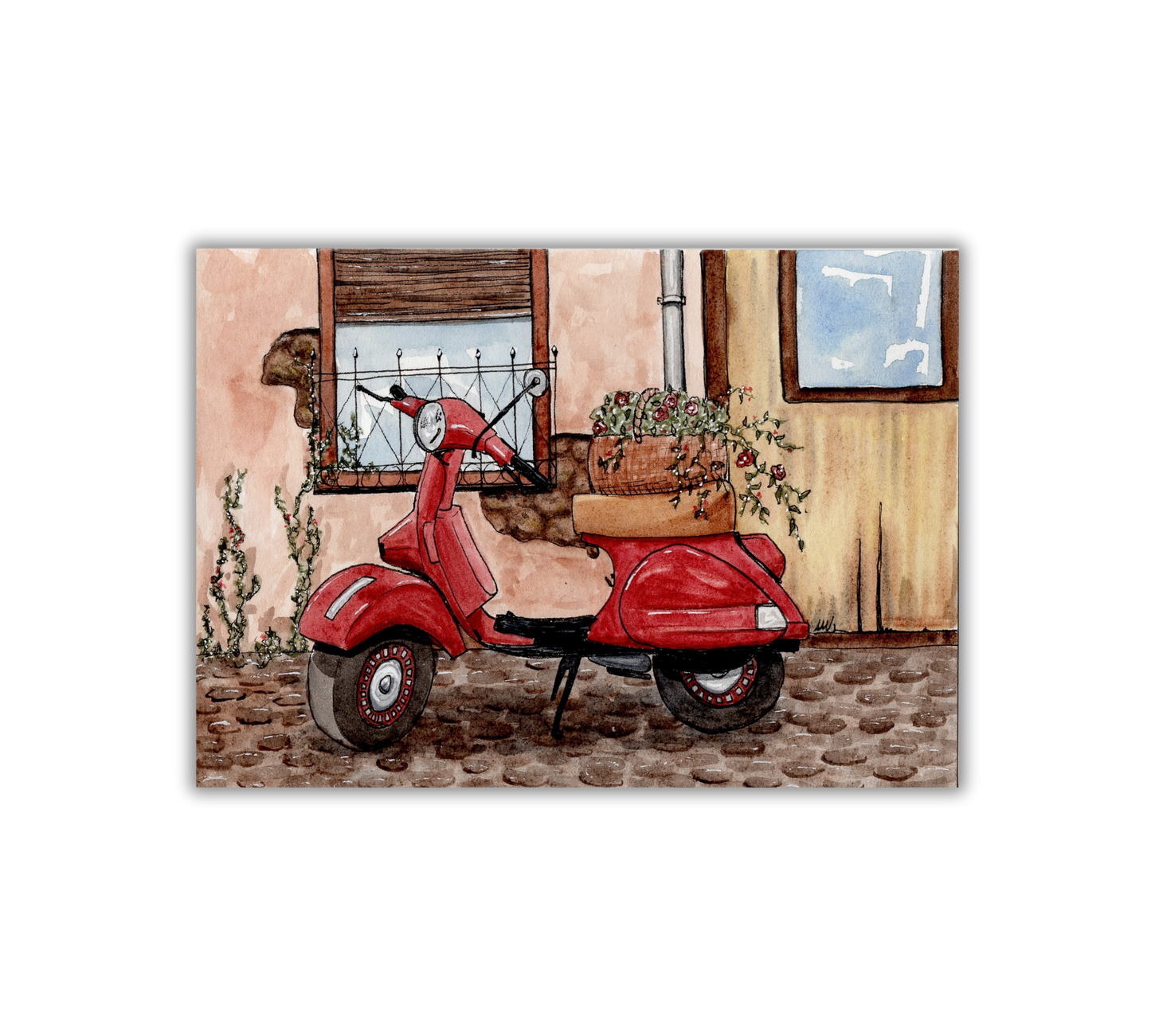 Vespa Scooter Pen and Watercolor Art - Archival Quality Art Print